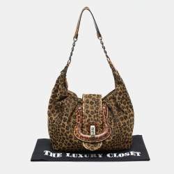 Pre Owned Fendi Brown/Black Leopard Print Canvas B Buckle Hobo