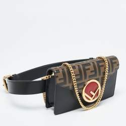 Fendi Black/Tobacco Zucca Leather Kan I F Chain Belt Bag