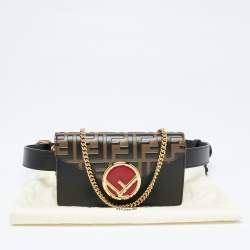 Fendi Black/Tobacco Zucca Leather Kan I F Chain Belt Bag
