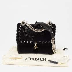 Pre Owned Fendi Black Velvet and Leather Small Kan I Logo Embellished Top Handle Bag