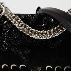 Pre Owned Fendi Black Velvet and Leather Small Kan I Logo Embellished Top Handle Bag