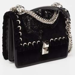 Pre Owned Fendi Black Velvet and Leather Small Kan I Logo Embellished Top Handle Bag