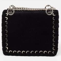 Pre Owned Fendi Black Velvet and Leather Small Kan I Logo Embellished Top Handle Bag