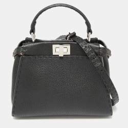 Pre Owned Fendi Black Selleria Leather Mini Peekaboo Top Handle Bag