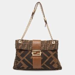 Fendi Tobacco Zucca Canvas And Leather Maxi Baguette Flap Shoulder Bag