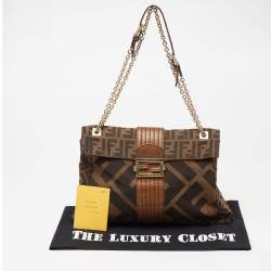 Fendi Tobacco Zucca Canvas And Leather Maxi Baguette Flap Shoulder Bag