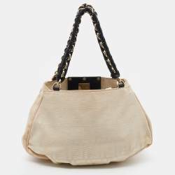 Pre Owned Fendi Light Beige Zucca Canvas Small Mia Tote