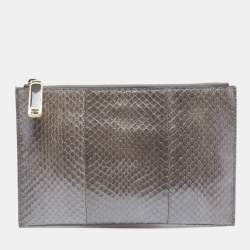 Pre Owned Fendi Grey/Gold Snakeskin Slim Zip Pouch