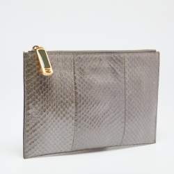 Pre Owned Fendi Grey/Gold Snakeskin Slim Zip Pouch