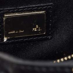 Pre Owned Fendi Black Calfhair and Leather Logo Flap Baguette Bag