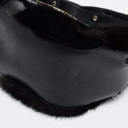 Pre Owned Fendi Black Calfhair and Leather Logo Flap Baguette Bag