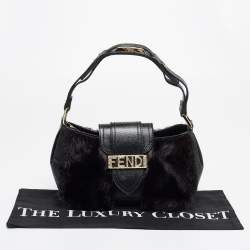 Pre Owned Fendi Black Calfhair and Leather Logo Flap Baguette Bag