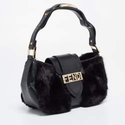 Pre Owned Fendi Black Calfhair and Leather Logo Flap Baguette Bag