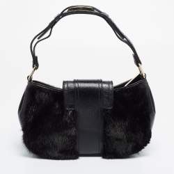 Pre Owned Fendi Black Calfhair and Leather Logo Flap Baguette Bag