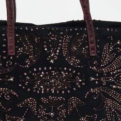 Pre Owned Fendi Black Beads Embellishment Suede and Python Tote 