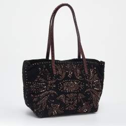 Pre Owned Fendi Black Beads Embellishment Suede and Python Tote 