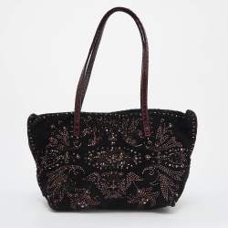 Pre Owned Fendi Black Beads Embellishment Suede and Python Tote 