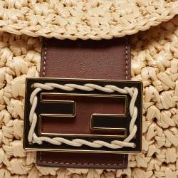 Pre Owned Fendi Beige/Brown Woven Wicker and Leather Small Croissant Hobo 