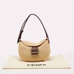Pre Owned Fendi Beige/Brown Woven Wicker and Leather Small Croissant Hobo 