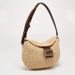 Pre Owned Fendi Beige/Brown Woven Wicker and Leather Small Croissant Hobo 