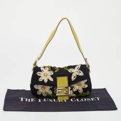 Fendi Black/Lime Green Fabric And Python Floral Appliqué Baguette