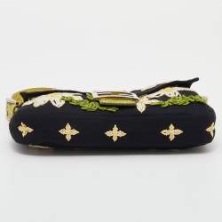 Fendi Black/Lime Green Fabric And Python Floral Appliqué Baguette