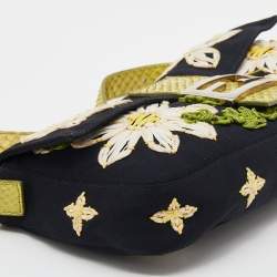 Fendi Black/Lime Green Fabric And Python Floral Appliqué Baguette