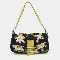 Fendi Black/Lime Green Fabric And Python Floral Appliqué Baguette