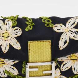 Fendi Black/Lime Green Fabric And Python Floral Appliqué Baguette