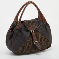 Pre Owned Fendi Tobacco Zucca Canvas And Ostrich Spy Hobo