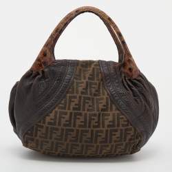 Pre Owned Fendi Tobacco Zucca Canvas And Ostrich Spy Hobo