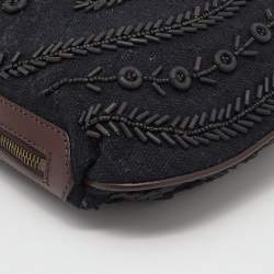 Pre Owned Fendi Black/Brown Canvas and Leather Beaded Oyster Hobo