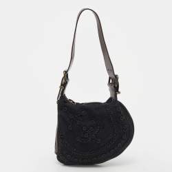 Pre Owned Fendi Black/Brown Canvas and Leather Beaded Oyster Hobo