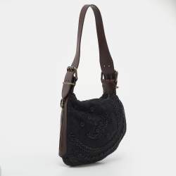 Pre Owned Fendi Black/Brown Canvas and Leather Beaded Oyster Hobo