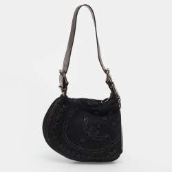 Pre Owned Fendi Black/Brown Canvas and Leather Beaded Oyster Hobo