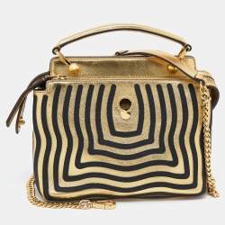 Pre Owned Fendi Gold/Black Leather Small Dotcom Click Shoulder Bag