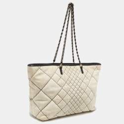 Pre Owned Fendi Cream/Black Zucca Quilted Canvas And Leather Roll Shopper Tote