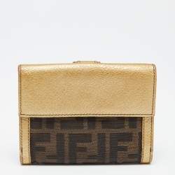Pre Owned Fendi Tobacco/Gold Zucca Canvas and Leather French Compact Wallet