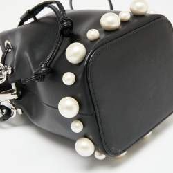 Pre Owned Fendi Black Leather Pearl Embellished Mini Mon Tresor Bucket Bag