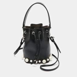 Pre Owned Fendi Black Leather Pearl Embellished Mini Mon Tresor Bucket Bag