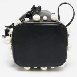 Pre Owned Fendi Black Leather Pearl Embellished Mini Mon Tresor Bucket Bag