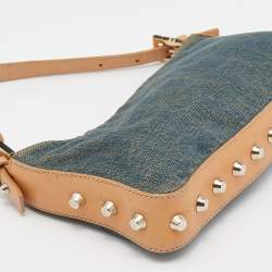 Pre Owned Fendi Blue/Beige Denim and Leather Baguette Bag