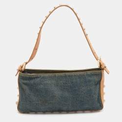 Pre Owned Fendi Blue/Beige Denim and Leather Baguette Bag