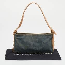 Pre Owned Fendi Blue/Beige Denim and Leather Baguette Bag