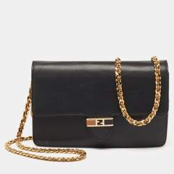 Pre Owned Fendi Black/Tan Leather FF Flap Wallet On Chain 