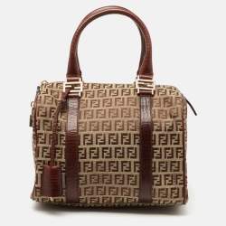 Pre Owned Fendi Brown/Beige Zucchino Canvas and Leather Small Forever Bauletto Bag