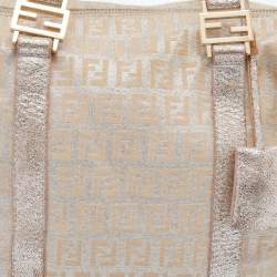Pre Owned Fendi Beige/Silver Zucchino Canvas and Leather Small Forever Bauletto Boston Bag