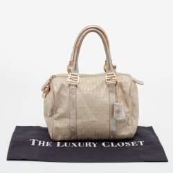 Pre Owned Fendi Beige/Silver Zucchino Canvas and Leather Small Forever Bauletto Boston Bag