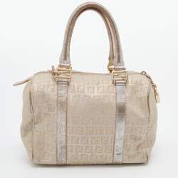 Pre Owned Fendi Beige/Silver Zucchino Canvas and Leather Small Forever Bauletto Boston Bag