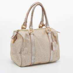 Pre Owned Fendi Beige/Silver Zucchino Canvas and Leather Small Forever Bauletto Boston Bag